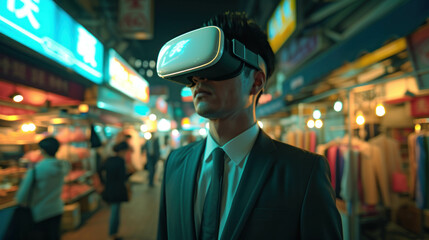 Man using virtual reality headset in smart city, VR future the concept of AI modern communication and technology