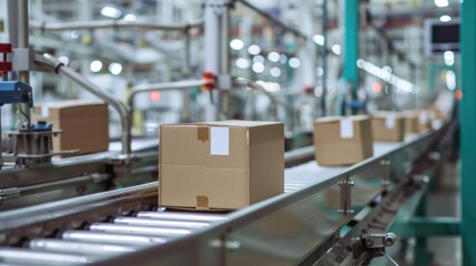 Cardboard boxes on conveyor belts in a modern distribution warehouse, showcasing logistics and package handling in a manufacturing facility.