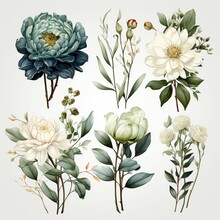 A Set Of Six Flower Illustrations, Including A Blue And White Flower