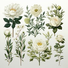 Wall Mural - A collection of white flowers and green leaves