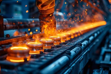 Worker overseeing molten metal forging process in an industrial setting, with vibrant f