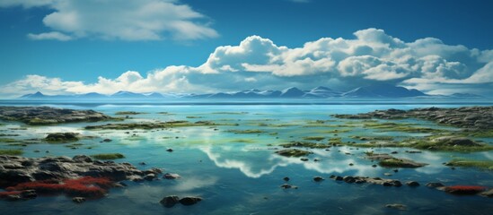 Poster - A vast body of liquid reflecting the cumulus clouds in the sky, with majestic mountains in the background, creating a stunning natural landscape art