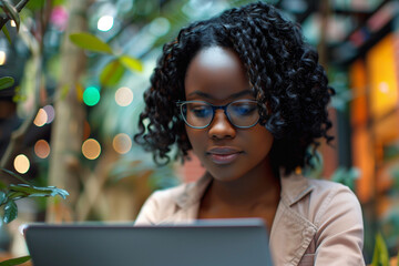 Wall Mural - Young black woman with glasses using laptop, casual clothing, computer