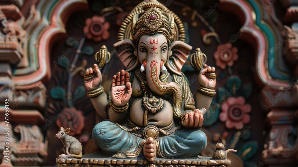 Ganesha seated with a modak in hand removing obstacles with his wisdom and intellect a mouse at his feet