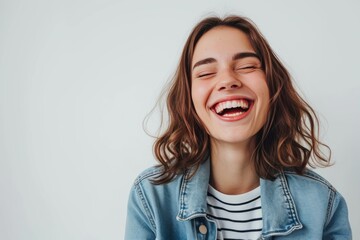 Wall Mural - Pretty Young Woman in Striped T-shirt and Denim Jacket, Laughing photo on white isolated background