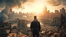 A Lone Man Stands Amidst The Ruins Of A City That Has Been Completely Destroyed, War Concept, A Military Man In World War II Uniform Stands Against The Backdrop Of Destroyed Buildings, AI Generated