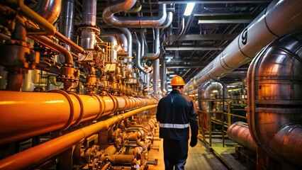 Poster - Man in Hard Hat Standing in Front of Pipes, Worker supervisor in district heating plant doing quality control and inspection of pipes and valves, AI Generated