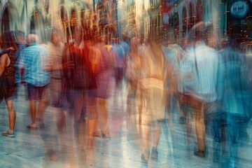 Busy crowded public place with blurred motion of people passing by, abstract digital art