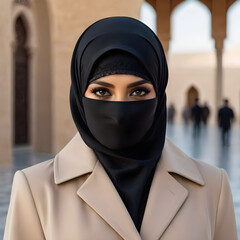 Modern dressed woman in hijab. Islamic traditions in modern life