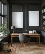 Elegant home office with dark walls, wooden desk, comfortable chair, and decorative plants.