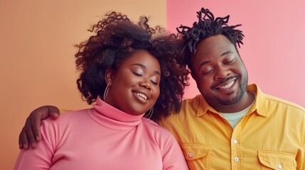 Cozy Couple Embrace, couple in vibrant attire share a close, joyful moment against a soft, pastel background