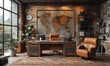 Stylish home office with vintage world map, leather furniture, and industrial brick wall.