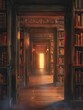 A series of doors in various styles opening into worlds made of book genres, on a hallway light background, infinite adventures in reading.