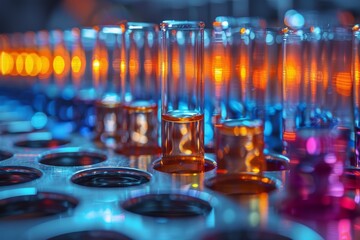 Poster - Vivid image of laboratory test tubes in a rack, illuminated with blue and orange lights creating a futuristic atmosphere