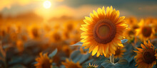 Field Of Sunflowers. Blossom Sunflower Flower Close Up. Yellow Bright Nature Background.
