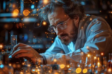 Poster - A focused scientist conducts critical experiments using complex apparatus in a blue-toned, futuristic laboratory