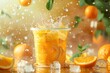 A large plastic cup filled with orange juice, adorned with ice cubes. A splash of water sits atop the vibrant orange drink, with background elements of an orange tree and mint leaves. Stylish font on 