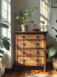 Vintage wooden chest of drawers with plants in a sunlit cozy room, creating a warm, homey atmosphere.