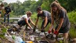 volunteers collecting plastic garbage from a riverbank