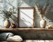 Vintage-styled interior with empty frame, ceramic vases, feathers, and candles on a rustic wooden shelf.
