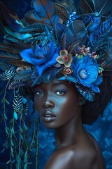 Wall Mural - a pretty black woman wearing floral decorations on her head, in the style of futuristic art, dark white and blue,