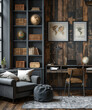 Cozy home office with dark wood walls, bookshelves, desk, and comfortable seating, in a stylish interior design.