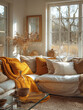 Cozy living room bathed in warm sunlight with comfortable sofa, cushions, and autumnal decor.