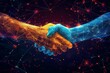 Crypto handshake symbolizing financial prosperity and technology, abstract digital art illustration