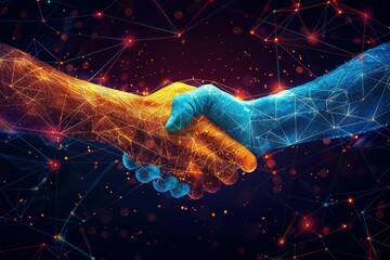 crypto handshake symbolizing financial prosperity and technology, abstract digital art illustration