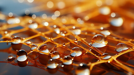 close-up of a spider's web with dew drops catching the first rays of the morning sun. blurred backgr