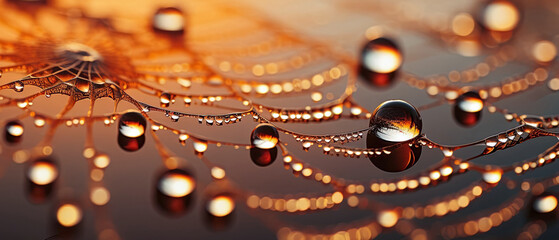 Close-up of a spider's web with dew drops catching the first rays of the morning sun. Blurred background. Bokeh. Generative AI