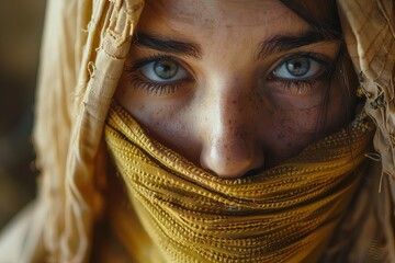 Wall Mural - Close-up portrait of a biblical woman with a shawl looking at the camera, spiritual faith and devotion concept illustration