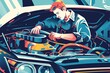 Close-up of Professional Car Mechanic Working on Engine, Auto Repair Illustration