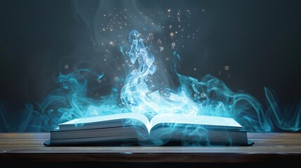 Poster - a book floating above a desk with energy, magical smoke seeping from its pages.