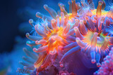 A colorful sea anemone with a blue background