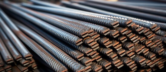 A closeup shot of steel bars piled on top of each other, creating a mesmerizing pattern. The metal bars resemble a modern art display or a composite material used in auto parts or roofing