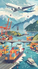 Wall Mural - Freight transport, cargo transportation of goods by sea, rail, land and air, transportation and logistics illustration