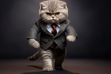 Cute kind funny cat in a suit stands on his hind legs isolated on a dark background