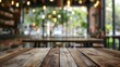 Empty wooden table top with lights bokeh on blur restaurant background ai generated  