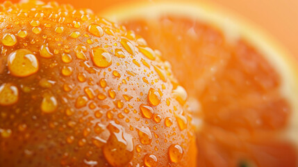 a close up of a orange with water drops on it