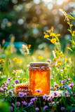 Fototapeta Sport - honey in a jar in the garden. selective focus.