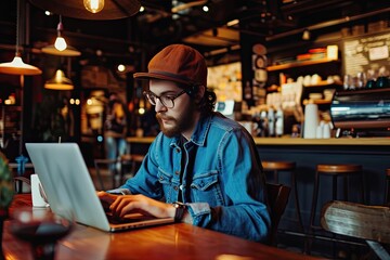 Poster - Focused Employee Working On A Laptop In A Cafe