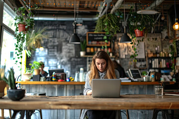 Aufkleber - Focused Employee Working On A Laptop In A Cafe