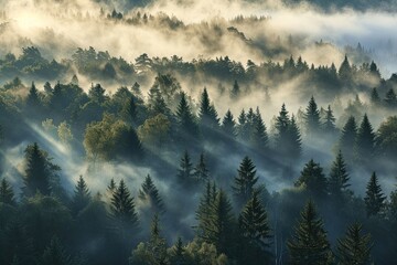 Aufkleber - Misty Forest Engulfed In Morning Light, A Picturesque Landscape
