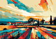 Peinture numérique d'un paysage de campagne composé de champs et de montagne - illustration du monde agricole - style coloré