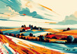 Peinture numérique d'un paysage de campagne composé de champs et de montagne - illustration du monde agricole - style coloré