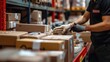 © Summit Art Creations - A man is packing hardwood boxes in a warehouse for an event publication. He carefully stacks the wood, making sure each box is solid. AIG41