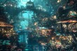 : A bustling underwater marketplace filled with fantastical creatures and glittering coral shops.