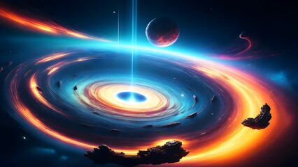 Wall Mural - Cosmic illustration of vibrant Spiral galaxy, asteroid, planet background