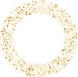 Golden stars confetti decoration. Rond frame from falling sparklers. Design element. Special effect on transparent background.